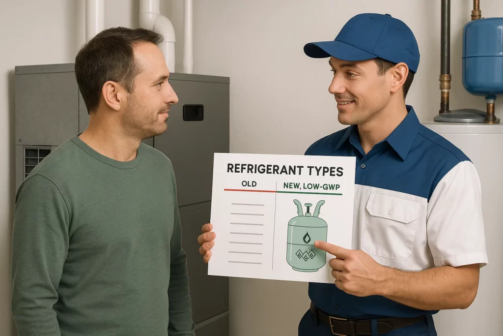 Homeowner learning about low‑GWP refrigerants with technician in utility room