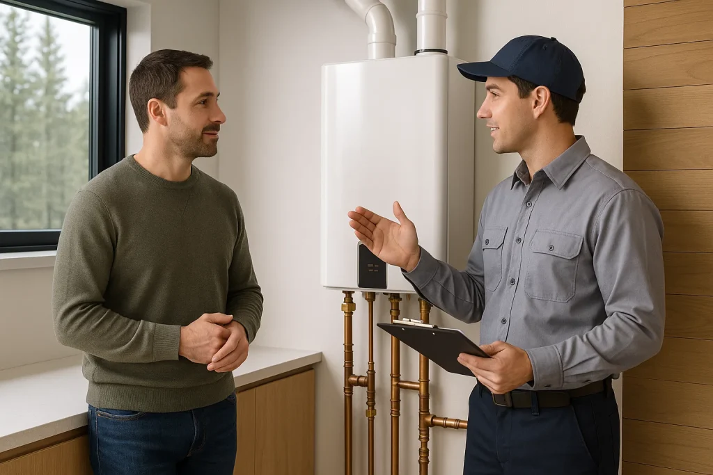 Homeowner discussing tankless water heater benefits with technician in utility room