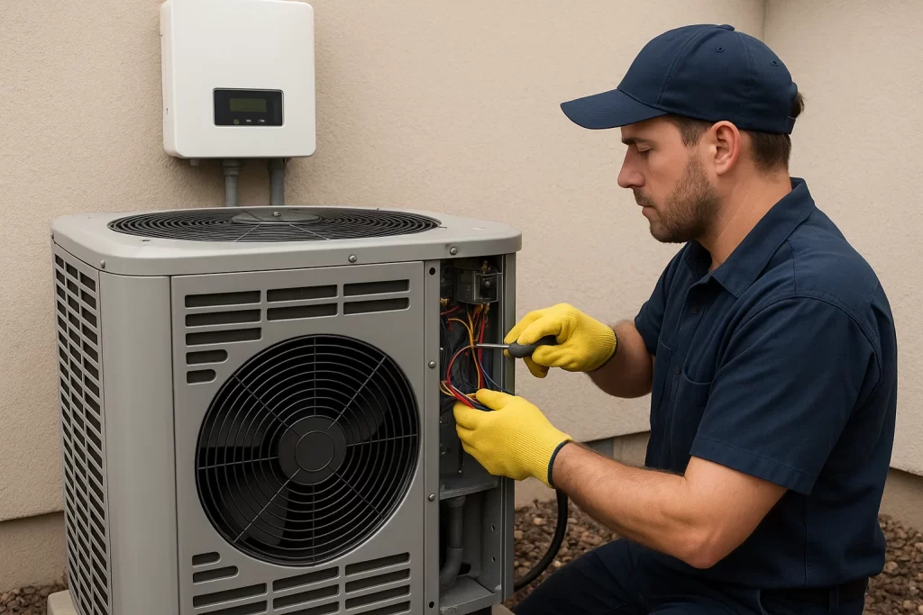 Technician wiring a heat pump below a solar inverter on a Fresno home