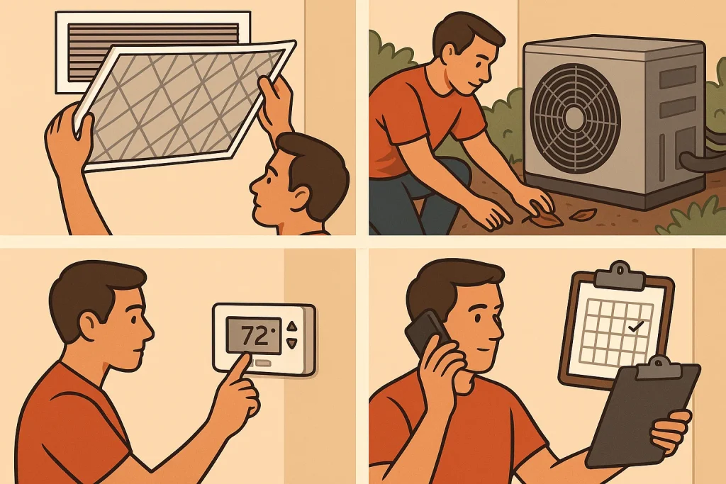 4 panel illustration of different tasks for end of summer ac maintenance.