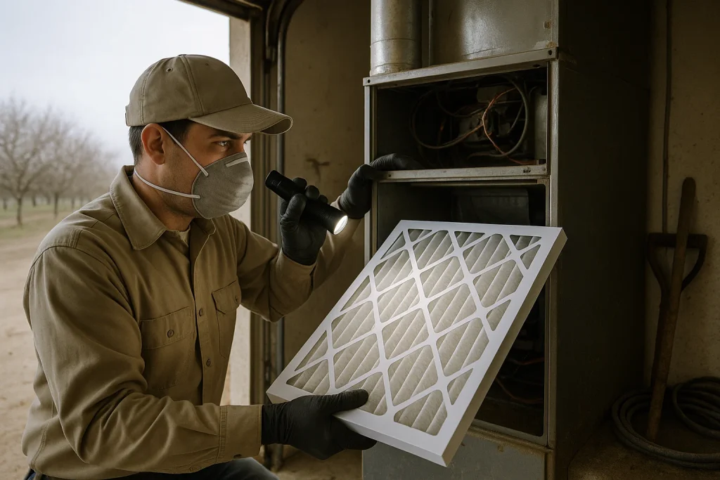 Technicien remplaçant le filtre à air HVAC dans le garage de la vallée centrale par un équipement de protection contre la poussière