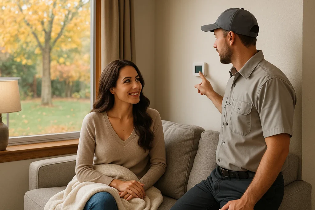 Homeowner and HVAC technician discuss thermostat settings for AC to heat switch in Fresno living room