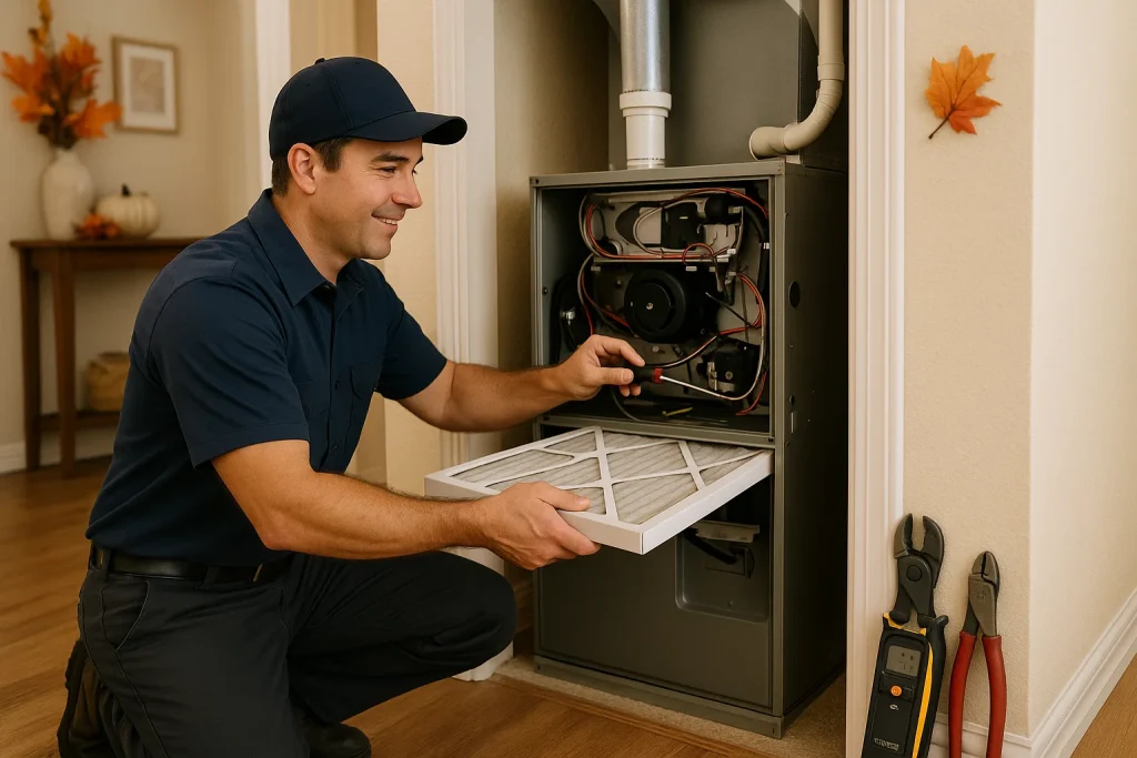 Purl’s HVAC technician performing seasonal heating maintenance on a furnace in a Fresno home.