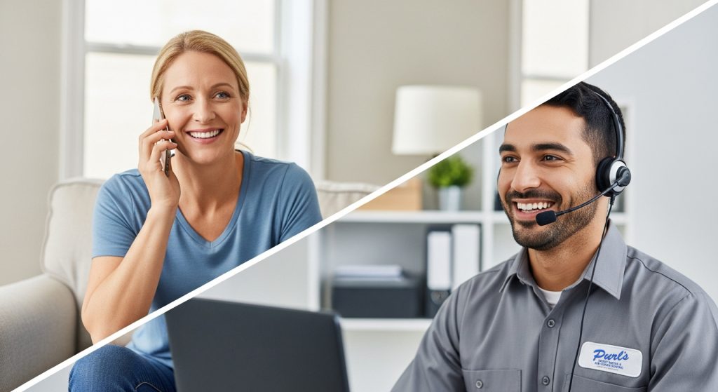 A diagonal split-screen image of a homeowner talking on their smartphone on one side and an HVAC technician responding to them on the other. The HVAC technician is wearing a headset. They're both smiling.
