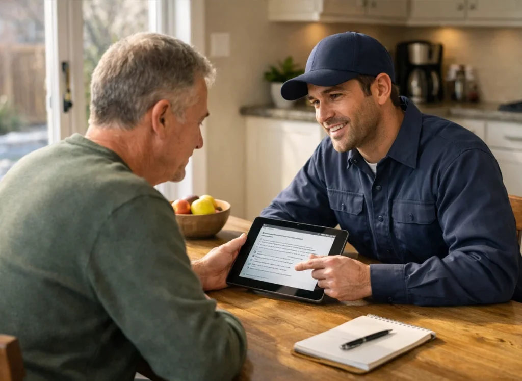 Homeowner reviewing HVAC maintenance plan with technician in Central Valley home