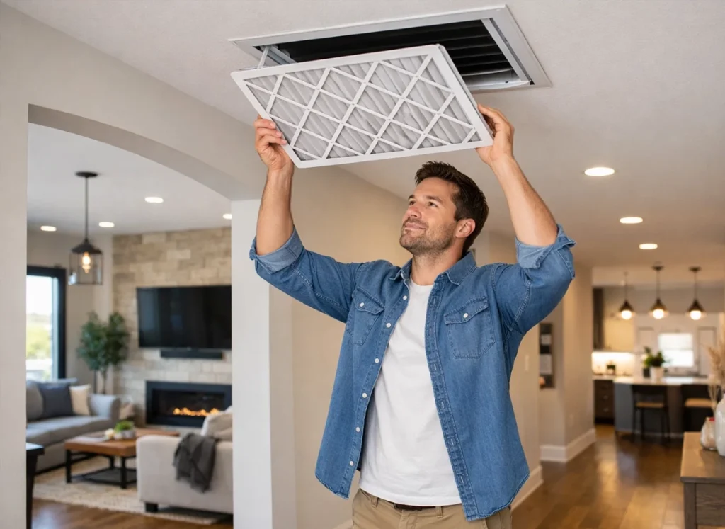 An image of a homeowner changing an air filter