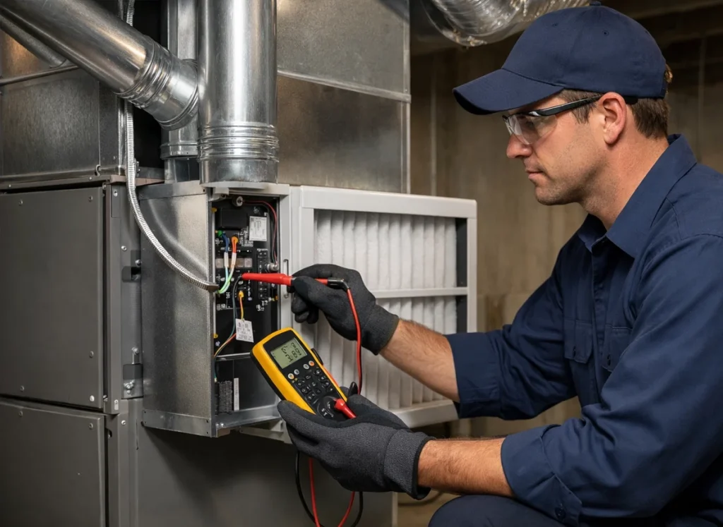 HVAC technician tests whole-house air purifier next to furnace in basement