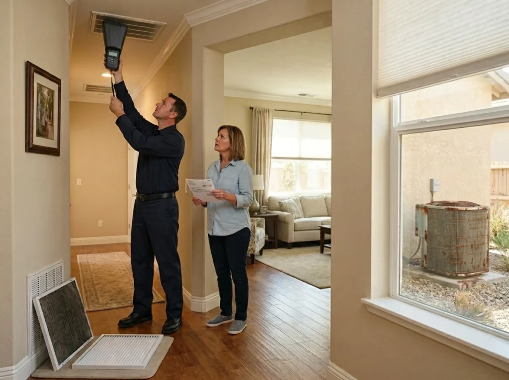 Clovis homeowner reviewing high AC costs and uneven cooling with a technician