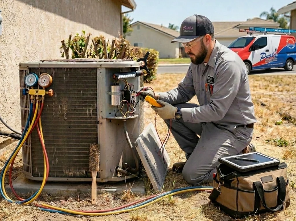 HVAC technician inspecting AC condenser during Central Valley heat