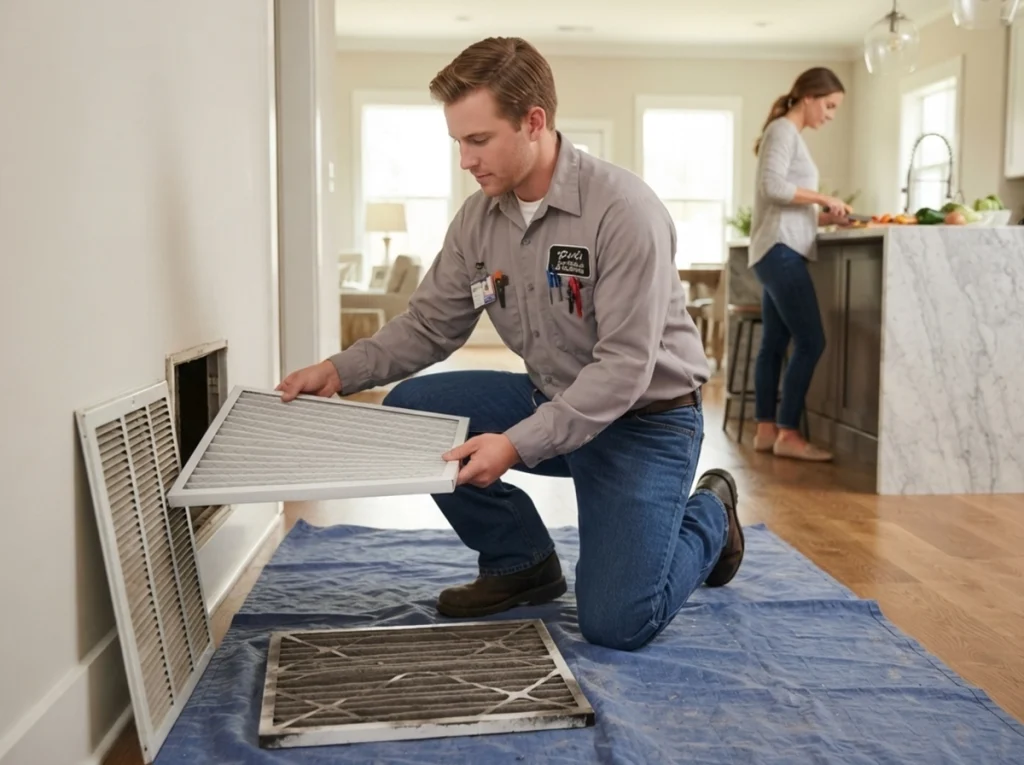 HVAC technician replacing a residential AC filter correctly