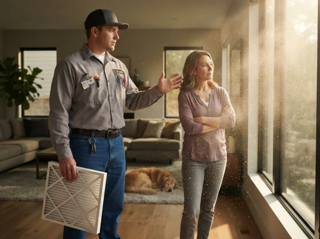 Technician servicing a whole-house air purification system in Fresno