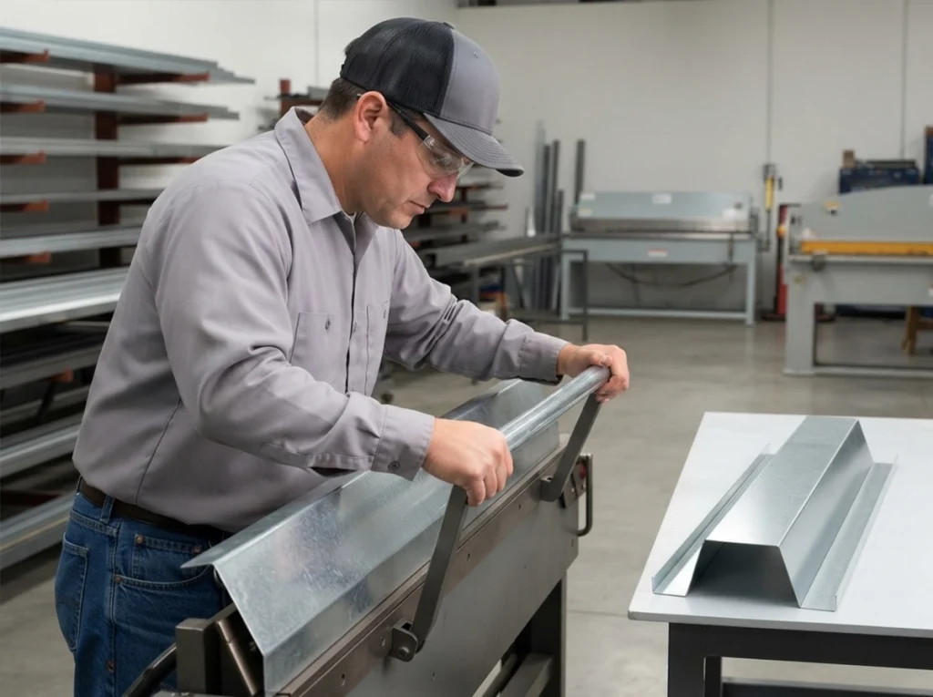 Sheet metal fabricator forming custom flashing with a metal brake