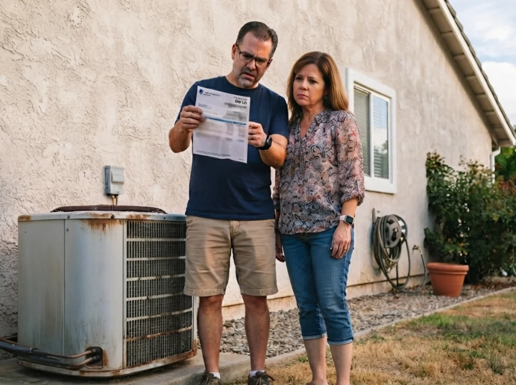 A pair of homeowners looking at a high power bill by their old ac unit.