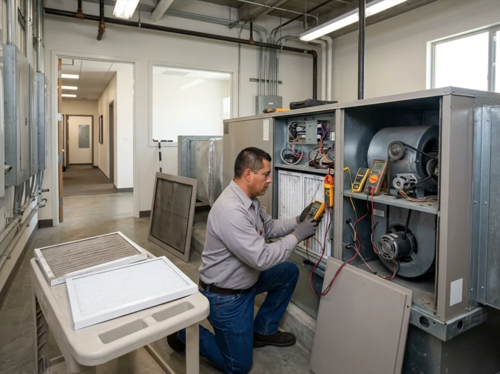 Commercial HVAC technician performing preseason heating maintenance in Fresno California