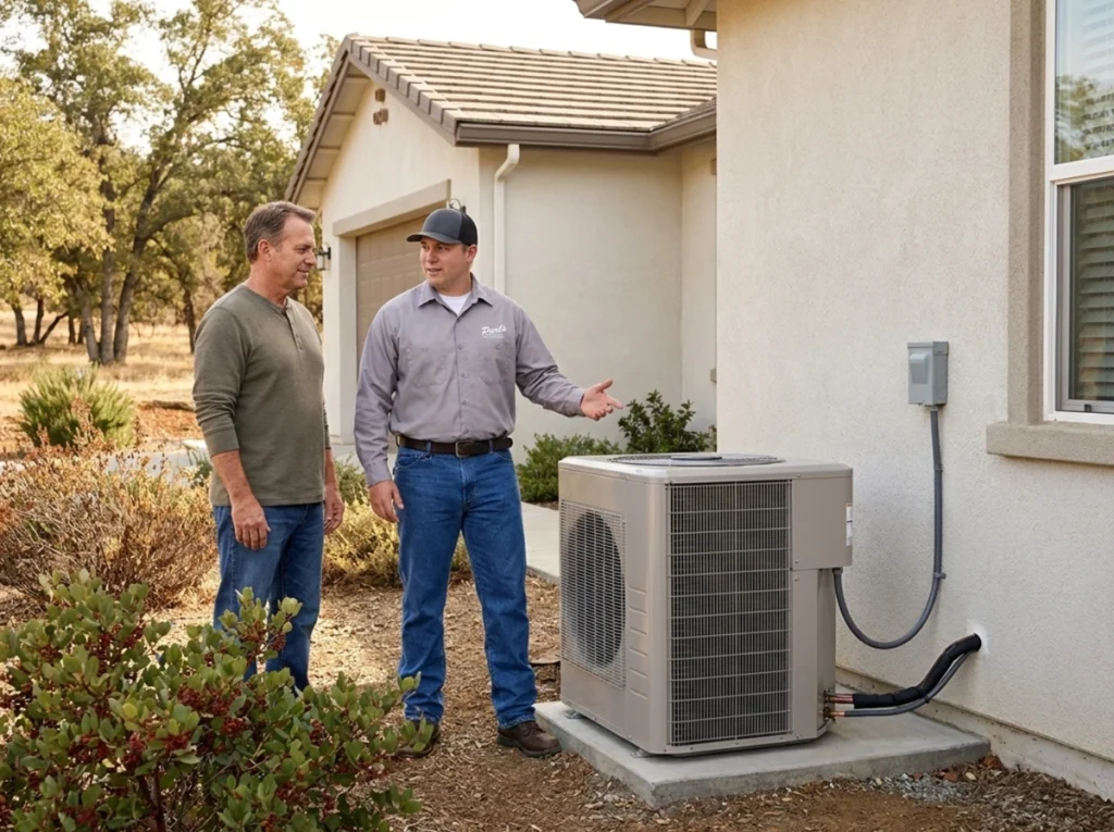 Oakhurst homeowner learning how a heat pump provides year-round comfort